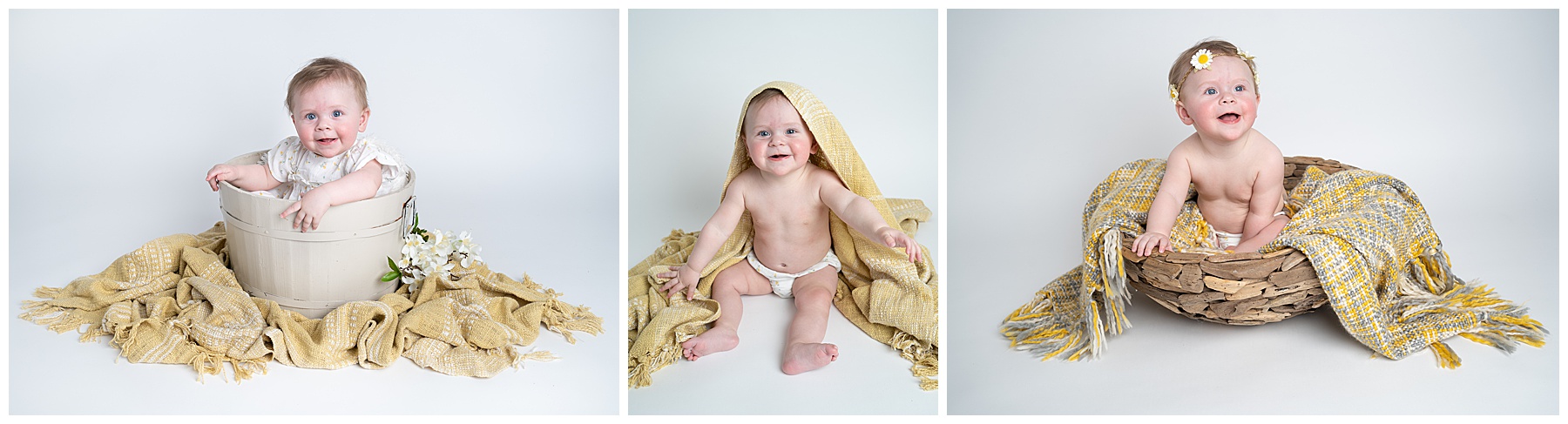 sitter session with baby and newborn blanket during photoshoot with Dorset baby photographer 