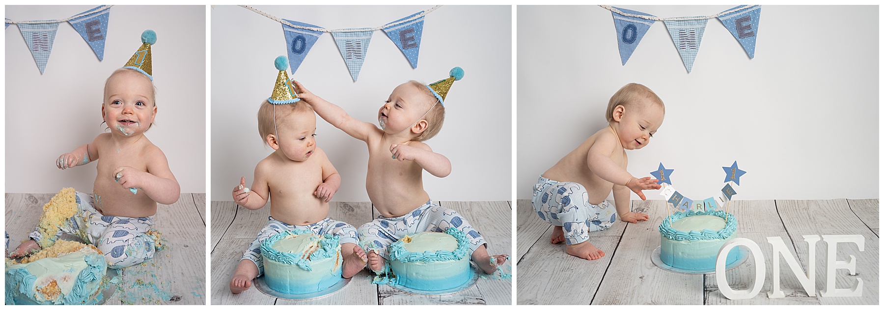 Twin cake smash with Dorset baby photographer and a blue cake