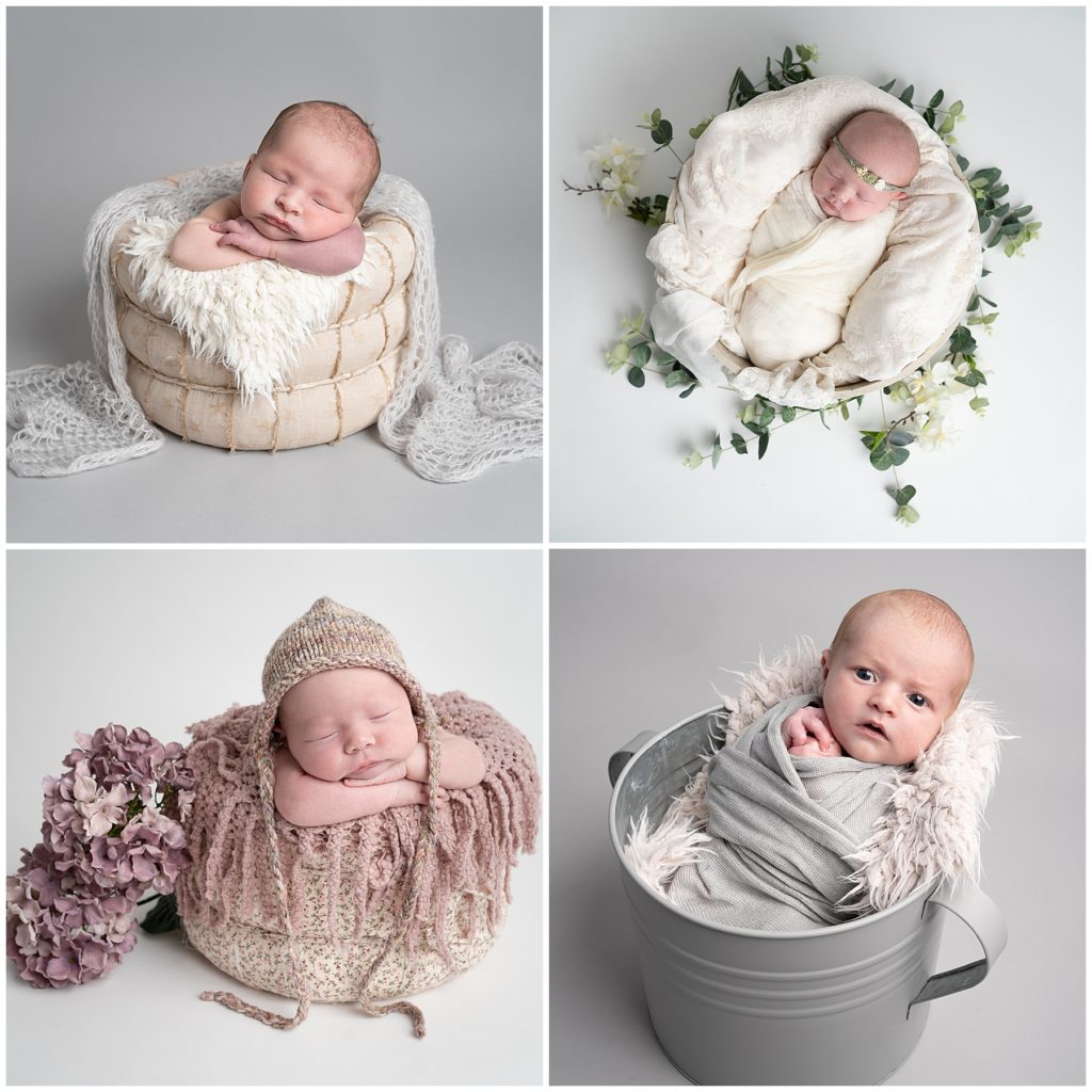 Newborn babies in buckets and props