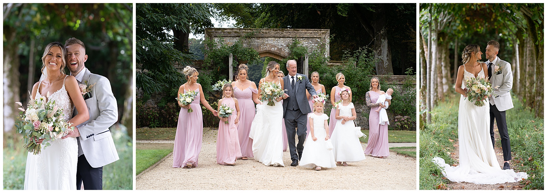 pretty pink bridal party walking at Athelhampton House