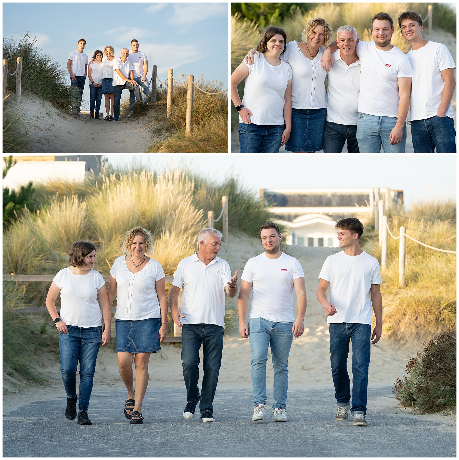 family photoshoot with older children dressed in jeans and white tshirts at sandbanks