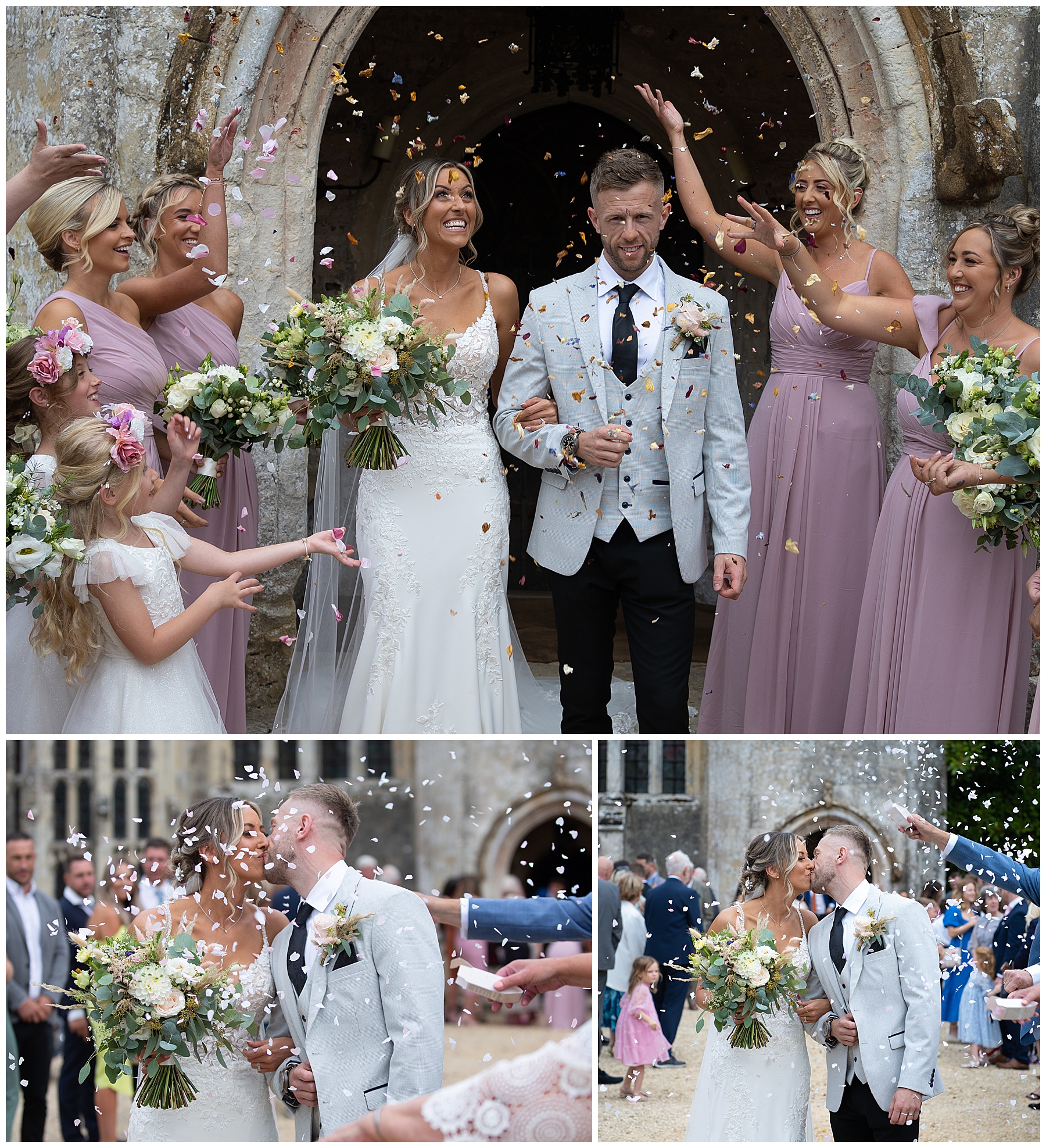 Confetti is thrown over bride and groom at Athelhampton House
