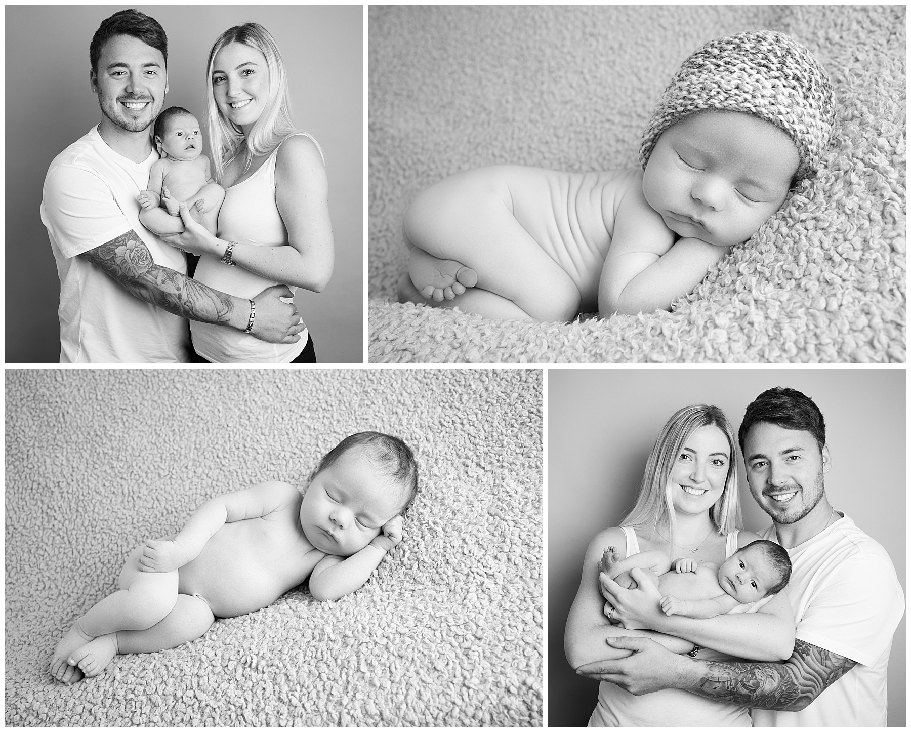 Black and white newborn photos of baby boy with bis parents during a newborn photography shoot with Dorset newborn photographer